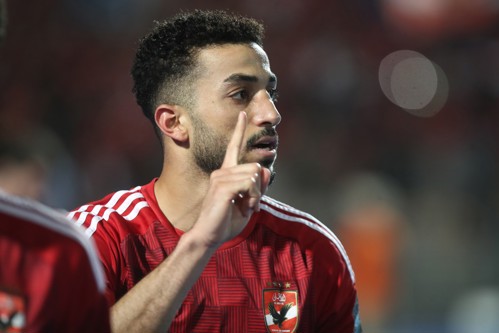 Mohamed Abdelmonem of Al Ahly celebrates goal with teammates during the CAF Champions League 2023/24 semifinals match between Al Ahly and TP Mazembe held at Cairo International Stadium in Cairo, Egypt on 25 April 2024