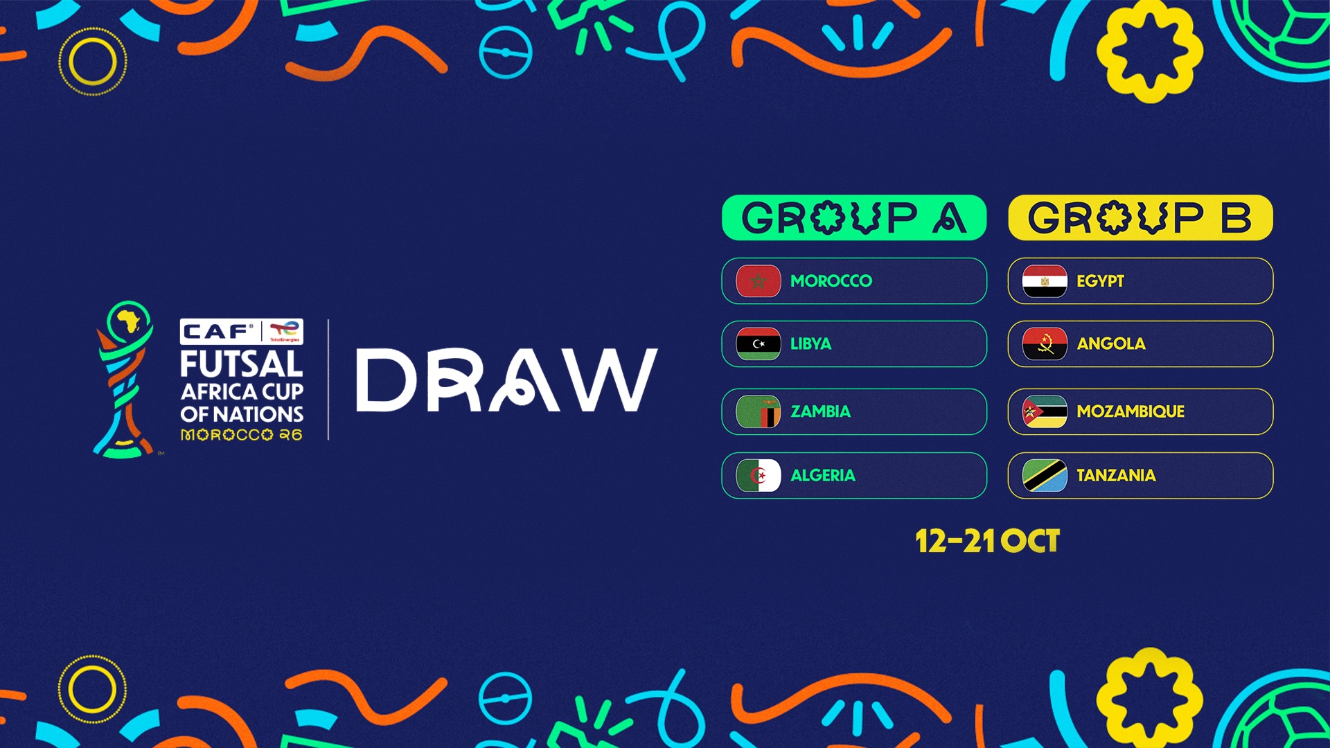 Le Maroc, pays hôte, retrouve des adversaires familiers après le tirage au sort de la TotalEnergies CAF Coupe d’Afrique des Nations de Futsal, Maroc 2026