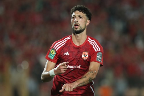 Wessam Abou Ali of Al Ahly celebrates goal during the CAF Champions League 2023/24 semifinals match between Al Ahly and TP Mazembe held at Cairo International Stadium in Cairo, Egypt on 25 April 2024