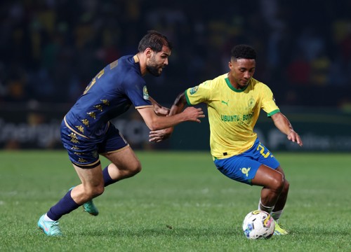 Lucas Ribeiro Costa of Mamelodi Sundowns challenged by Mohamed Amine Tougai of Esperance Tunis during the CAF Champions League 2023/24 Semifinals 2nd leg match between Memelodi Sundowns and Esperance Tunis at the Loftus Stadium, Johannesburg on the 26 April 2024