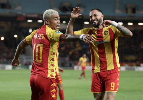 Yan Sasse of Esperance Tunis (l) celebrates goal with teammate Rodrigo Rodrigues during the CAF Champions League 2023/24 1st leg semifinal match between Esperance Tunis and Mamelodi Sundowns at Stade Olympique Hammadi Agrebi in Rades, Tunisia on 20 April 2024