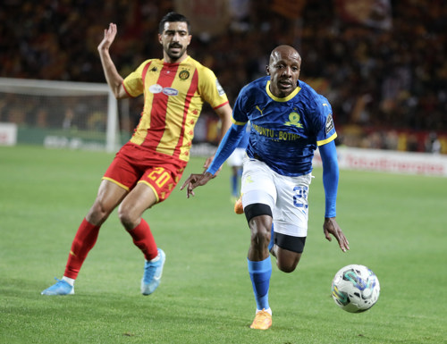 Khuliso Mudau of Mamelodi Sundowns challenged by Mohamed Ben Hamida of Esperance Tunis during the CAF Champions League 2023/24 1st leg semifinal match between Esperance Tunis and Mamelodi Sundowns at Stade Olympique Hammadi Agrebi in Rades, Tunisia on 20 April 2024