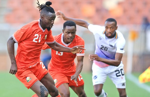 John Avire of Kenya challenged by Ivan Kamberipa of Namibia during the 2025 Africa Cup of Nations Qualifiers match between Kenya and Namibia
